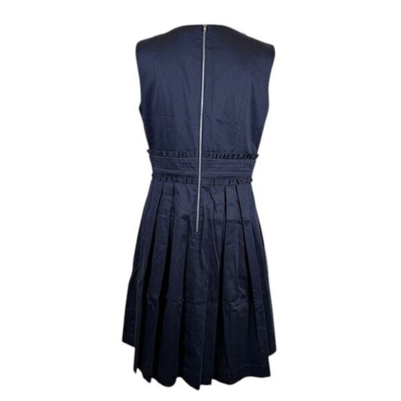 Tahari Sleeveless Navy Blue V-Neck Dress Ruffle Waist Pintucks Back Zip Size 8 - Picture 4 of 12